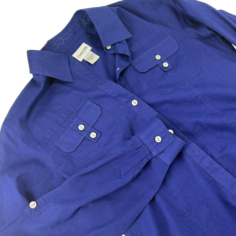 Chico's Cotton Button Down Shirt Utility Pockets Roll Tab Size 0 Blue Womens